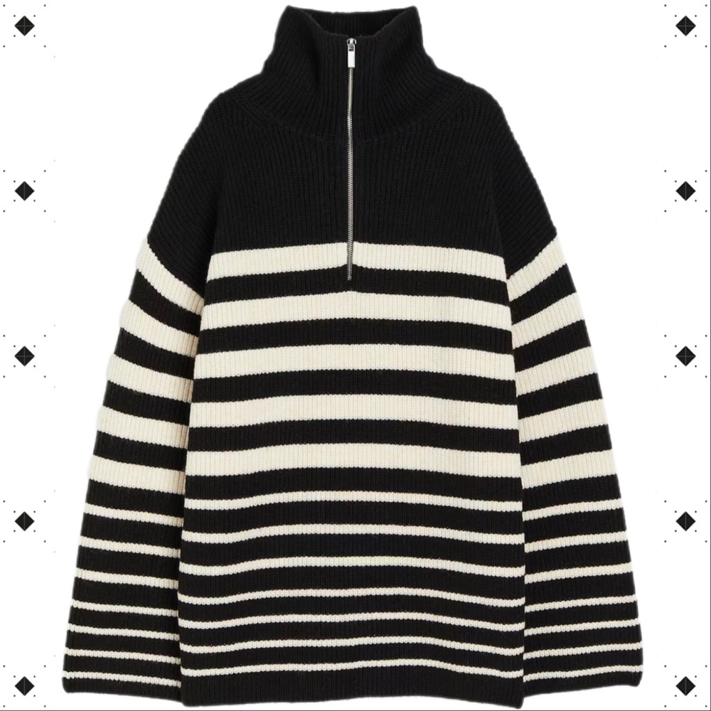 H&M Rib-Knit Half-Zip Sweater - Black/Cream Striped